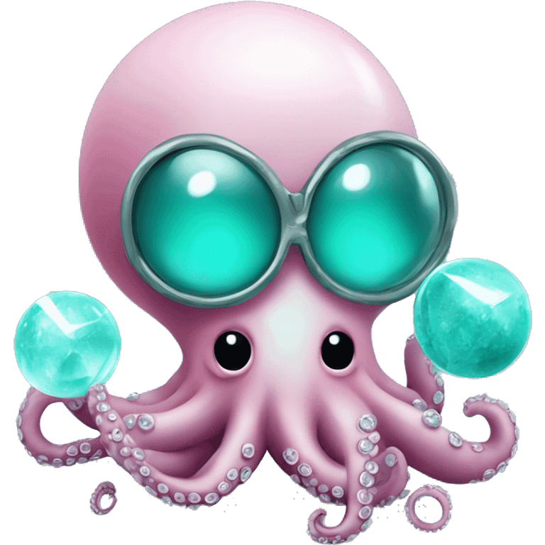 Turquoise cute little octopus with a clinical mask a crystal ball emoji