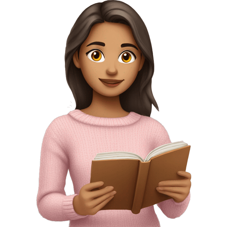 Pretty brown eyed hispanic girl with light pink sweater reading cozy emoji