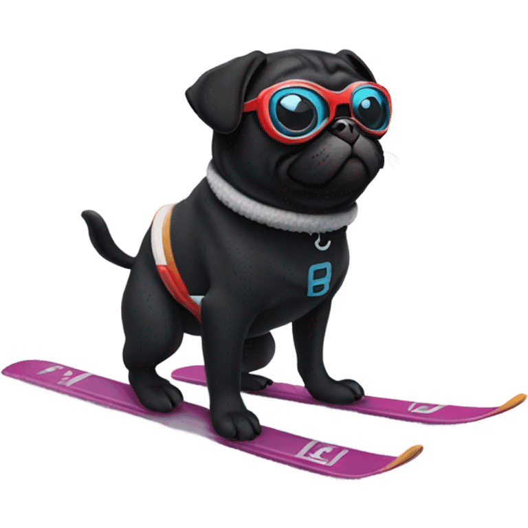 Black pug with a curly tail and goggles skiing on a snowy mountain emoji