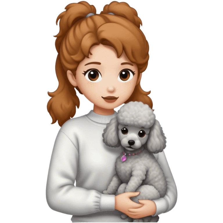 A girl with caramel brown ponytail holding a grey poodle emoji