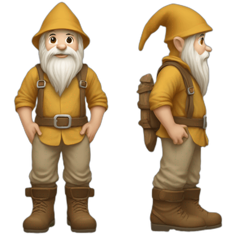 side view of gnome with light tan pants and light tan boots squatting with small log behind him emoji