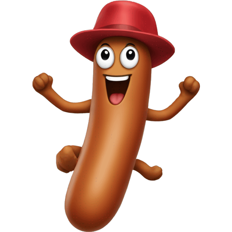 Jumping sausage with a hat that has beans on it emoji