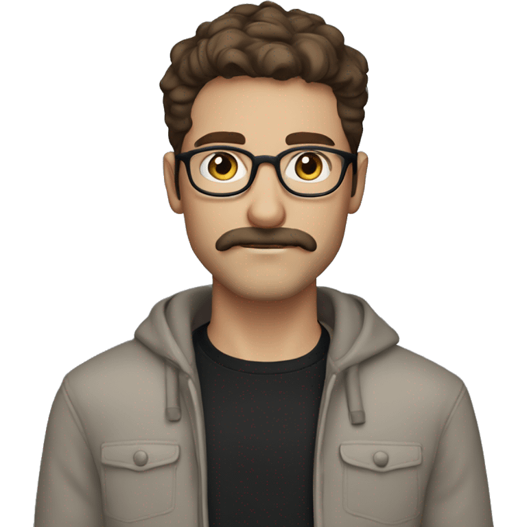 Guy, brown hair, moustache and stubble, blue eyes, round glasses, wearing a black jumper emoji