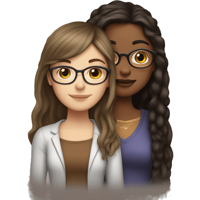 white girl with glasses and  long straight brown hair and bangs that’s hugging brown girl with longcurly dark brown hair emoji