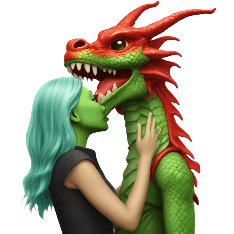 Photo realistic, alien female green, kissing on red china dragon emoji