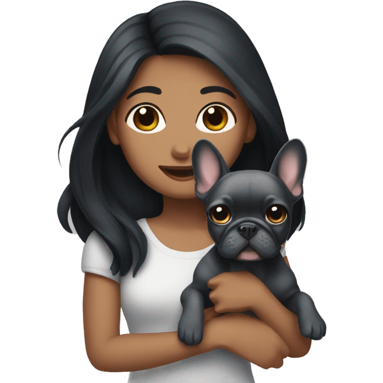 Long Black hair girl holding a gray Frenchie emoji