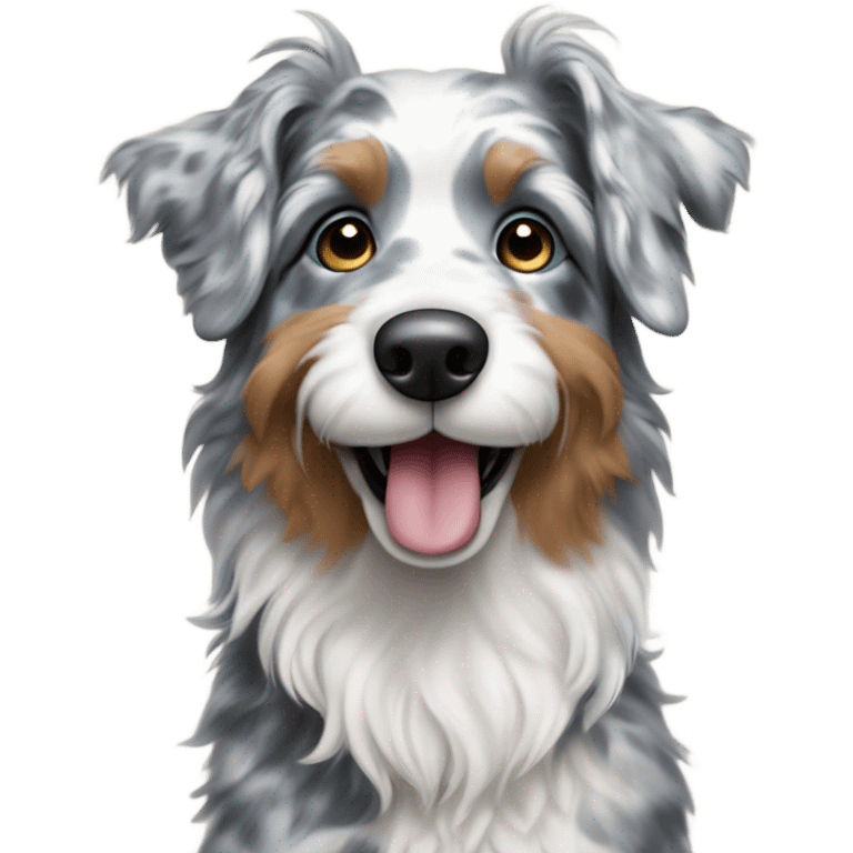 Blue Merle doodle with white only around the nose looking happy emoji