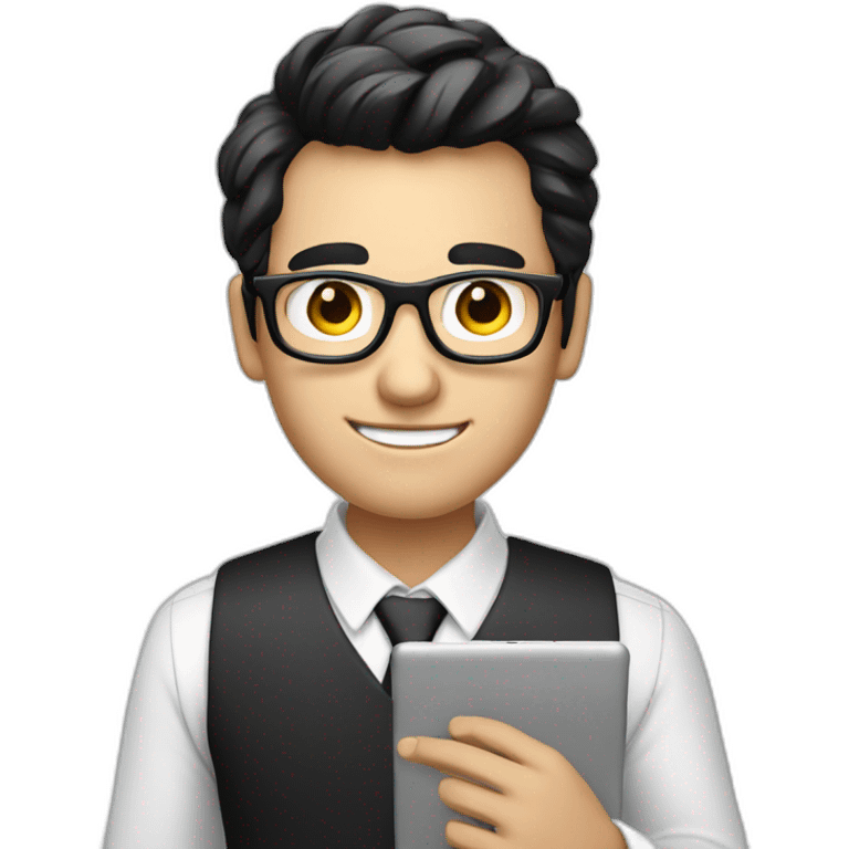 male virtual assistant with a smiling  holding a digital tablet or stylus wearing eye glasses black hair emoji