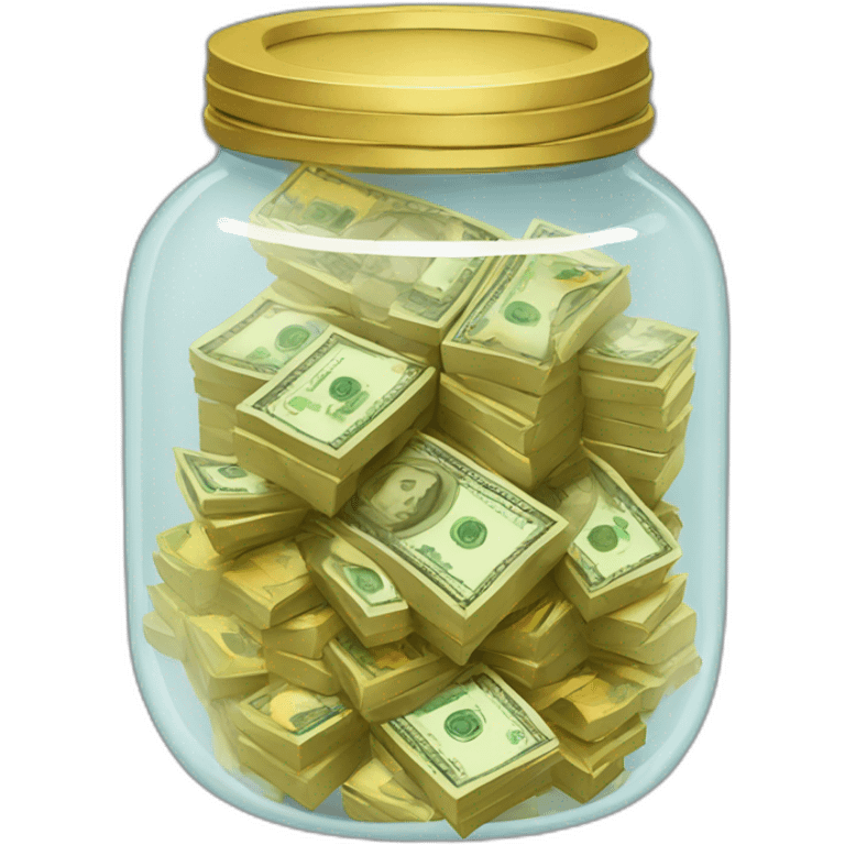 A clear jar with no lid overflowing with stacks of cash and gold  emoji