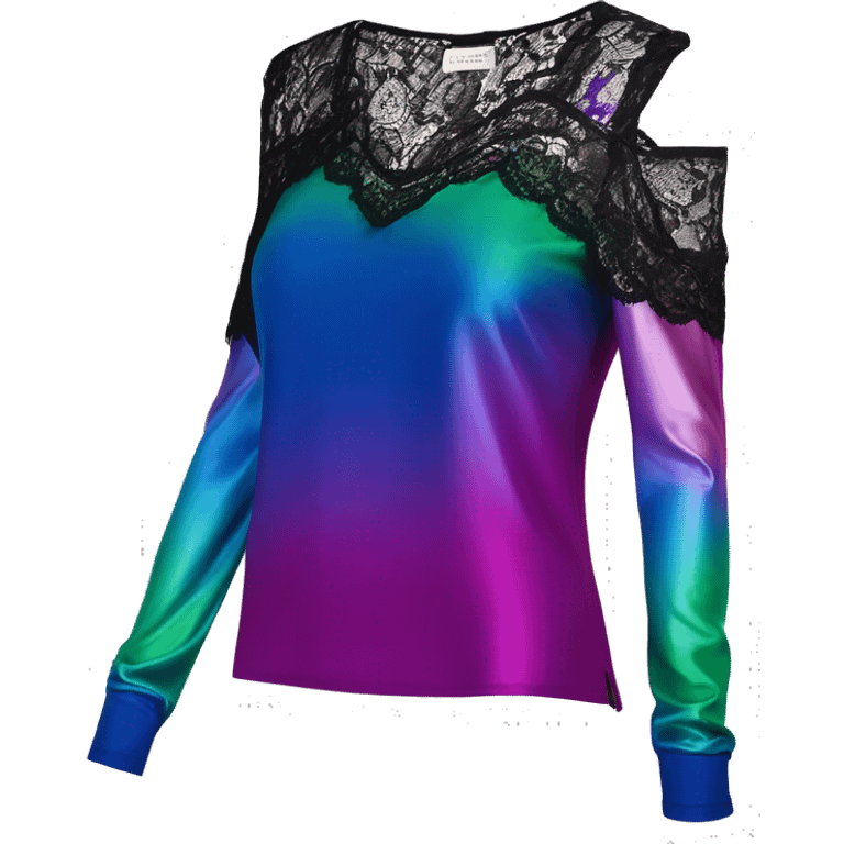 Realistic isolated side view of a metallic cobalt blue,magenta,and pistachio green ombre low cut cold shoulder blouse with long black lace sleeves. emoji