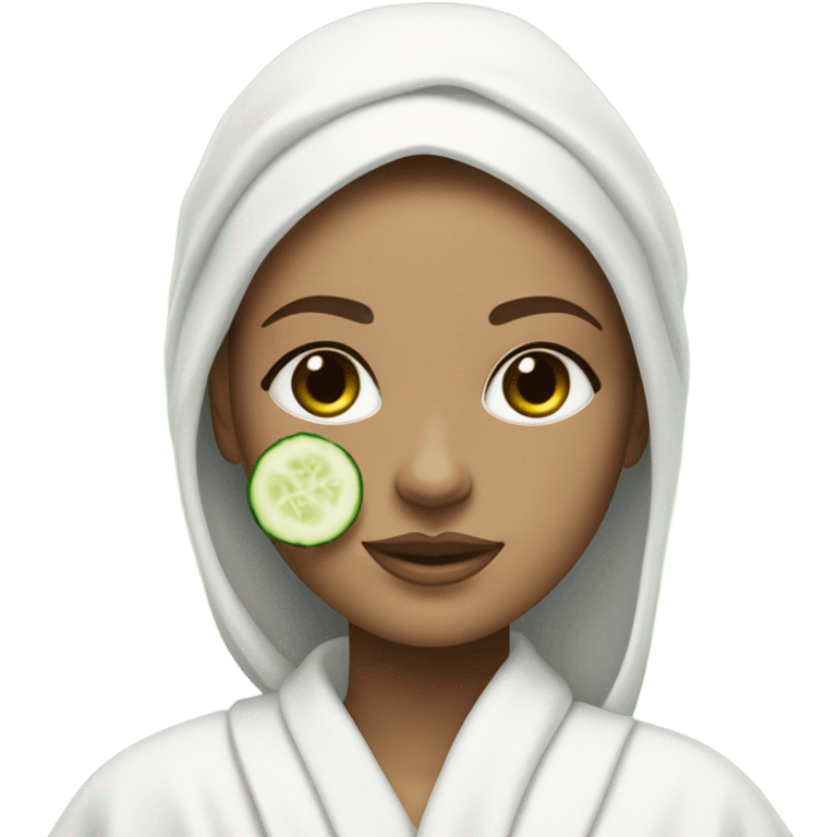 White girl with Brown hair and blue eyes wears a Green colored skincare clay textured mask and puts on cucumbers around her eyes while She relaxes in her white Robe emoji