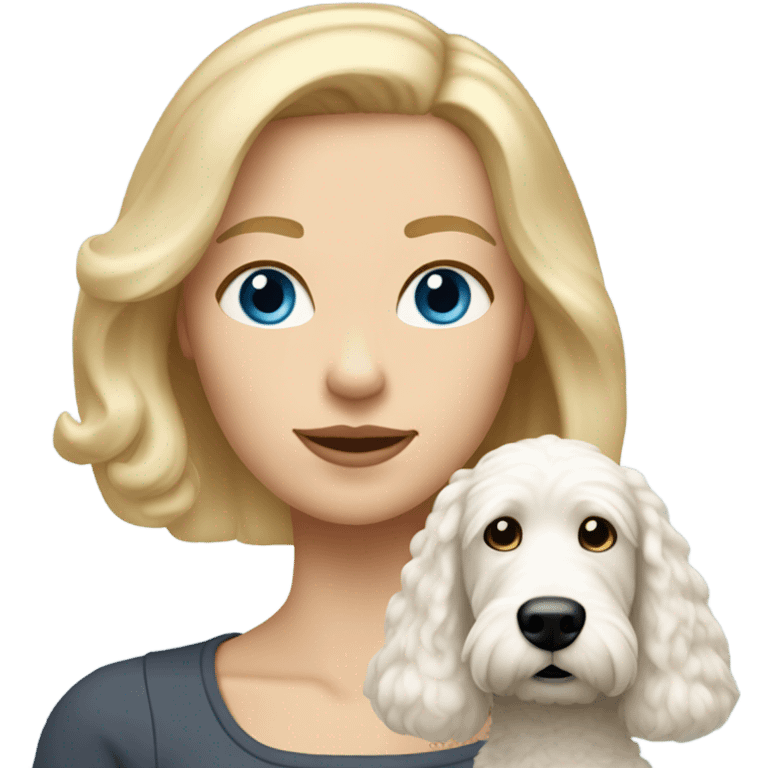 White lady with shoulder length blonde straight hair and blue eyes and her white golden doodle dog emoji