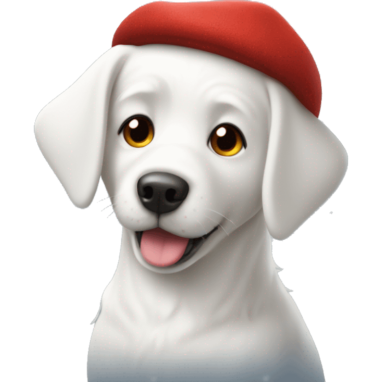 A cute white dog covered in Snow White a red hat emoji