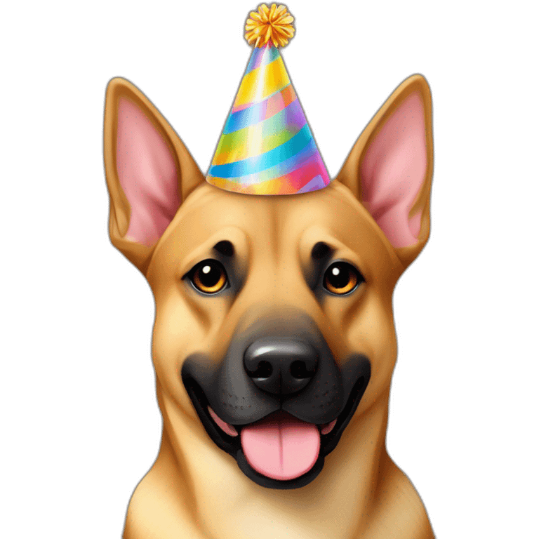 German shepherd tan Pitt bull  mixed dog wearing birthday hat emoji