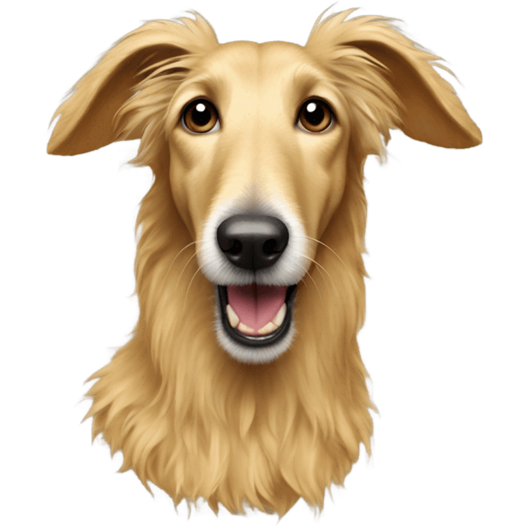 Golden fluffy lurcher with an inside-out ear emoji