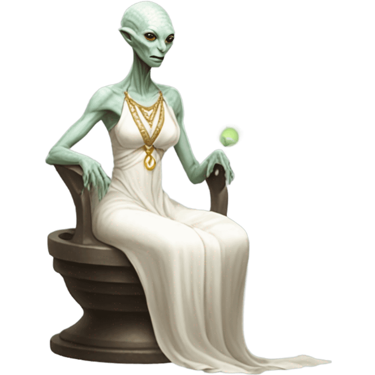 a Reptilian alien woman,in meditation, white dress like a priestess emoji