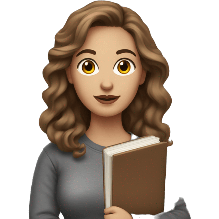 a white woman with makeup and long brown wavy hair. wearing a grey sweatshirt and black skirt and holding books emoji