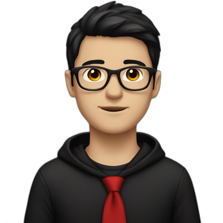 White boy wearing glasses in a black hoodies with black hair with brown eye with black shirt and red tie emoji