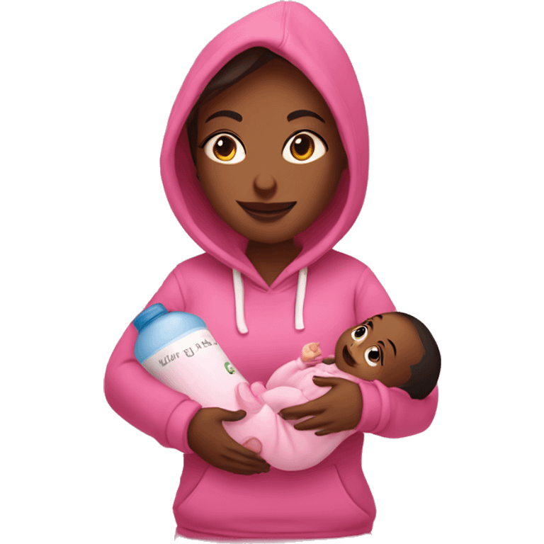 A woman holds a baby in her arms, in her other hand a bottle with a mixture in a pink hoodie with the inscription “ANA” emoji