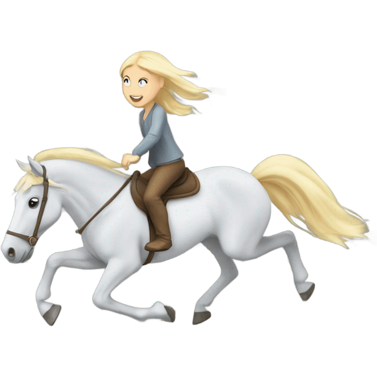 Gray horse running through a field of daisies with a young girl with blonde hair riding on the gray horse emoji