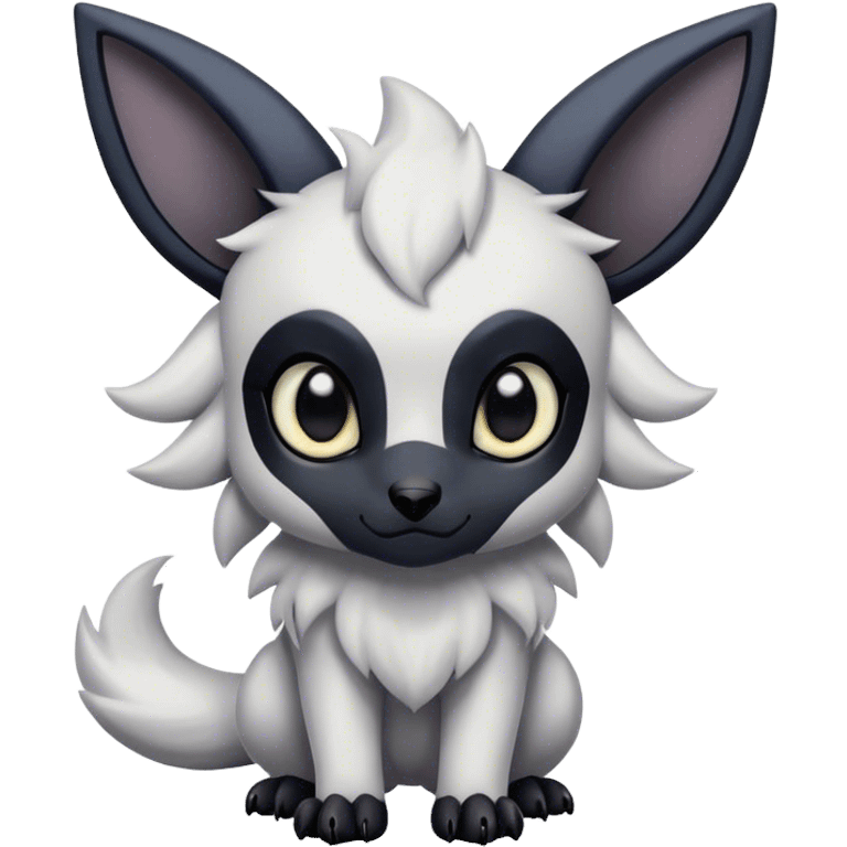 Absol-Umbreon, long thick black ears, black Scapha, black long tail, black eyes, white fur, black claws, cute big eyes, adorable emoji