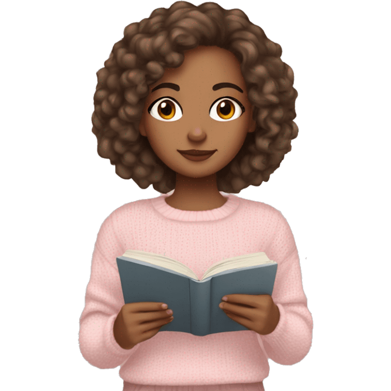 Pretty brown eyed mixed girl with light pink sweater reading cozy emoji