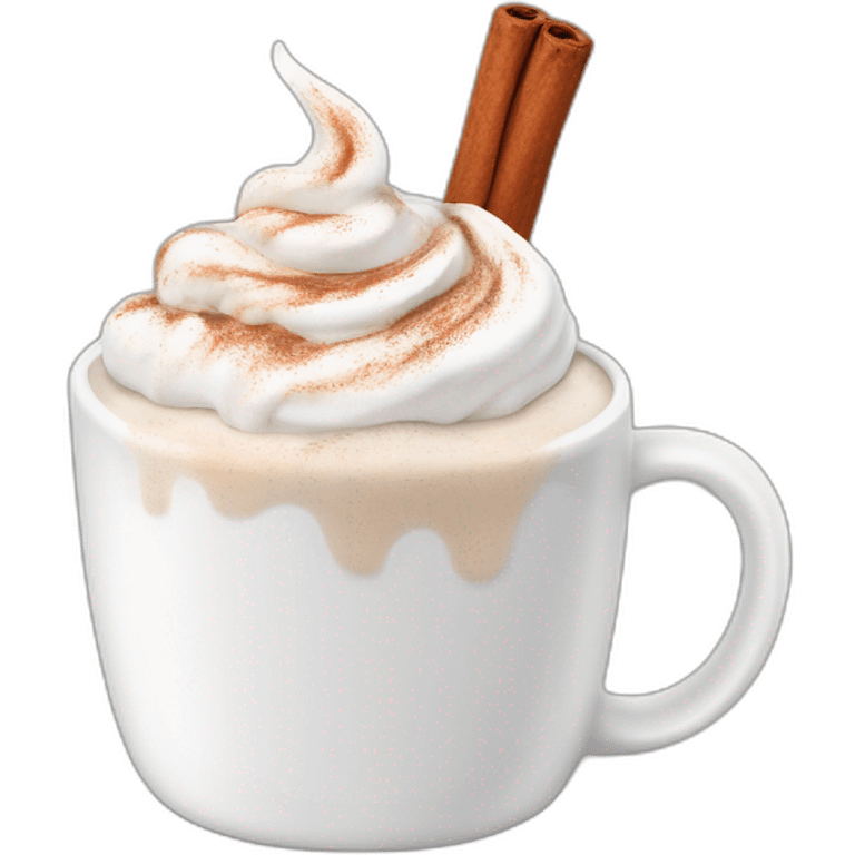 white mug of hot chocolate with whipped cream and cinnamon emoji