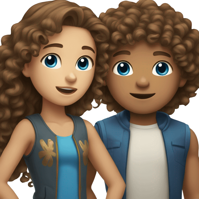 boy with brown curly hair and brown eyes and girl with long brown hair and blue eyes emoji