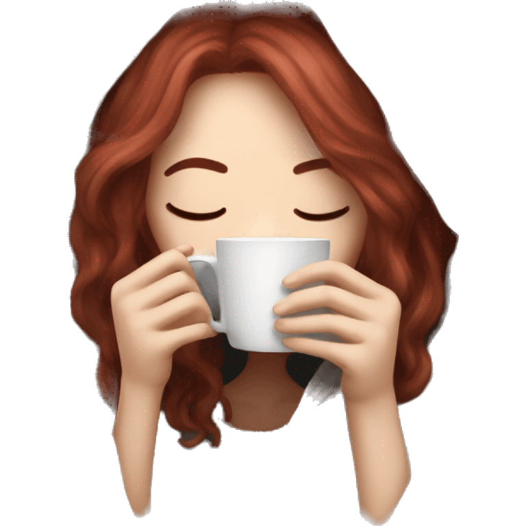 pale burgundy haired girl inside a blanket sipping coffee eyes closed emoji