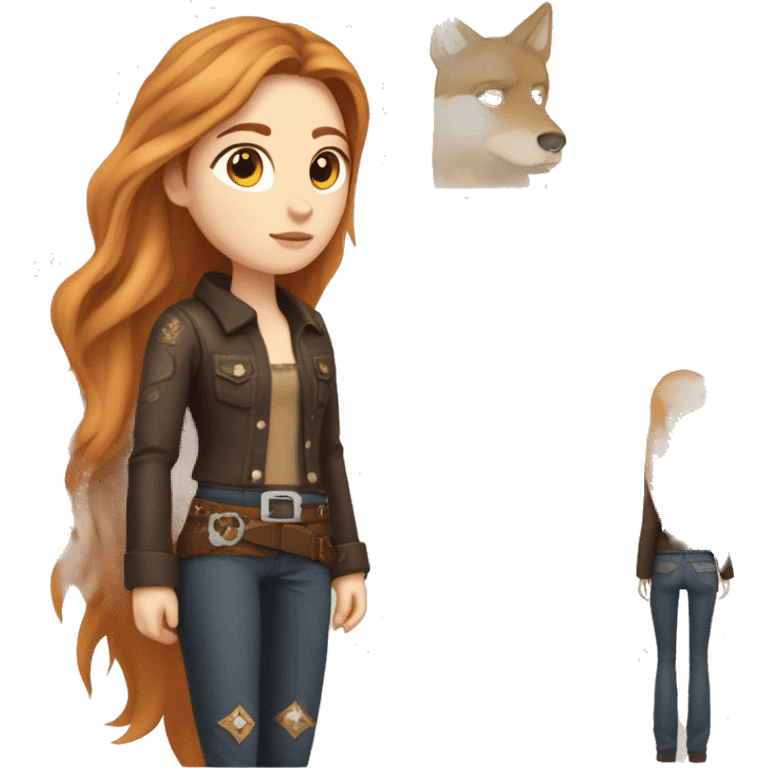 White fair skin, long hair, woman, feminine, straight hair in a wolf haircut, ginger coloured hair, beautiful, British, stylist, aesthetic, side and bangs, sensual looking, full body, complete body figure,slim, she’s wearing a cowboy outfit emoji