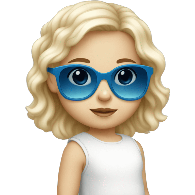 white little baby girl with blue frame sunglasses and dark lens emoji