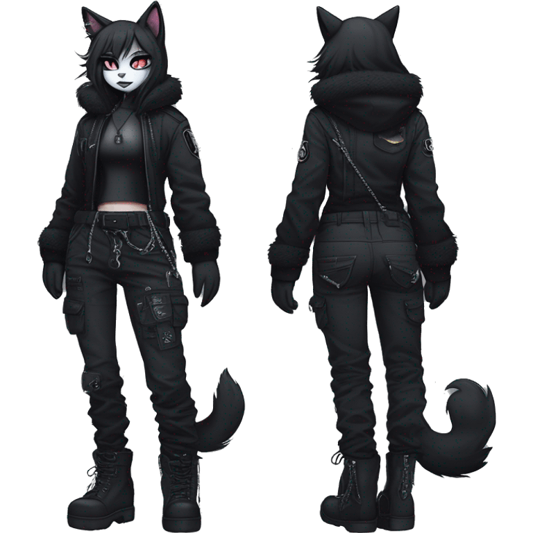 Gorgeous furry gothic dark techwear anime style anthro black cat furry sona Fakemon with blushing face aesthetic and pretty edgy black with collar and harness trending style chains cargo pants tomboy emoji