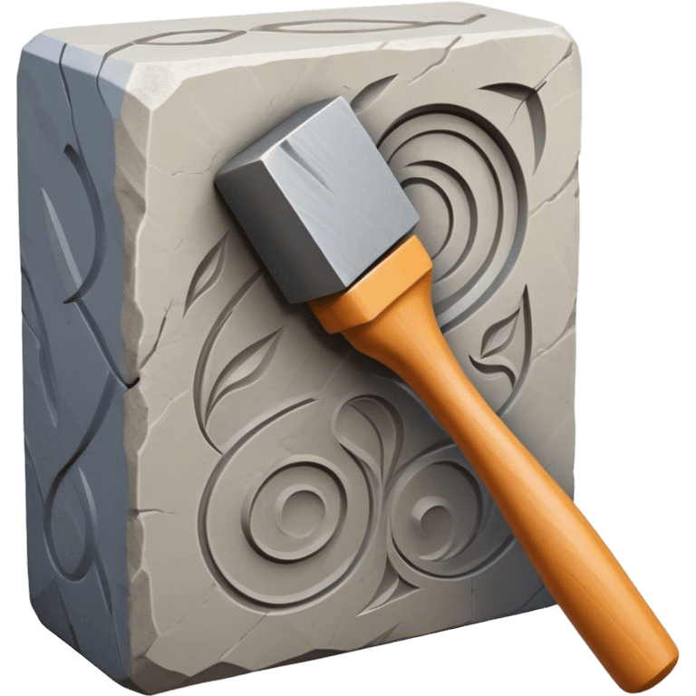 Carving icon, detailed stone snd plastic carving in progress, carving tools like chisels, mallet, visible texture and patterns, minimalistic style, clean lines, transparent background. emoji