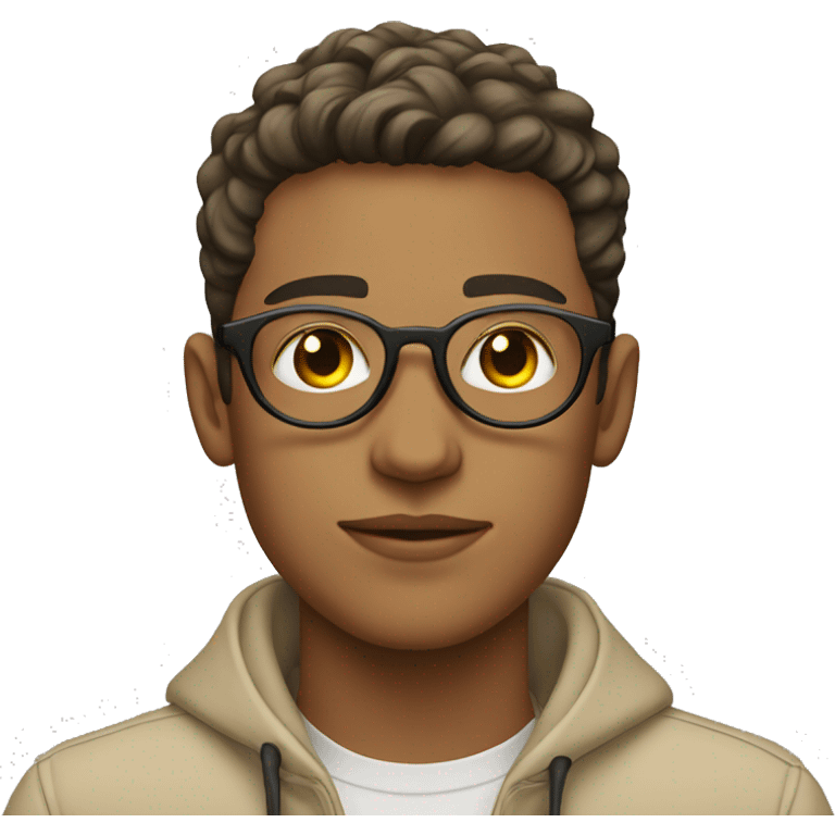 20 year old young man in beige jacket with circular lenses emoji