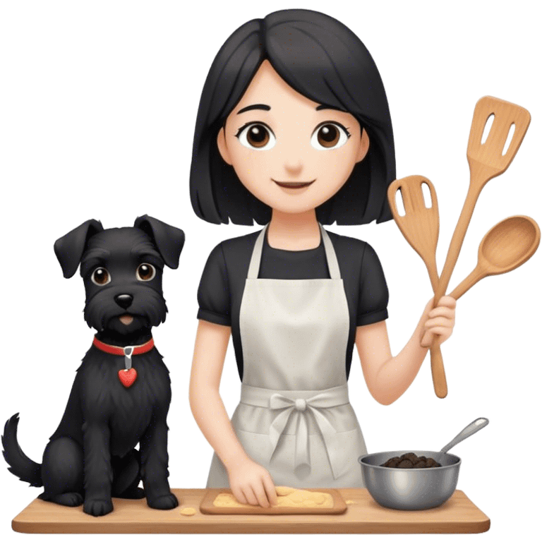 pale smiling girl baking with long back hair wearing black long shirt wearing apron holding black  schnauzer emoji