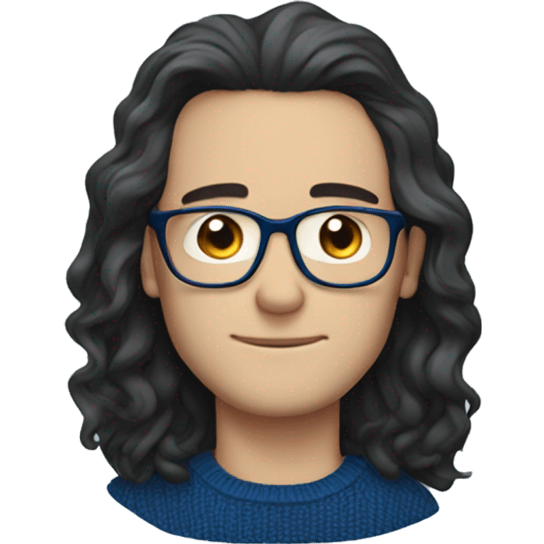 wavy dark hair white guy with a dark blue sweater with blue glasses charming emoji