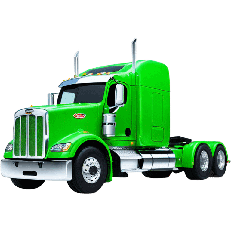 neon green peterbilt semi truck lowered on the ground with large chrome wheels and chrome smoke stacks profile view emoji