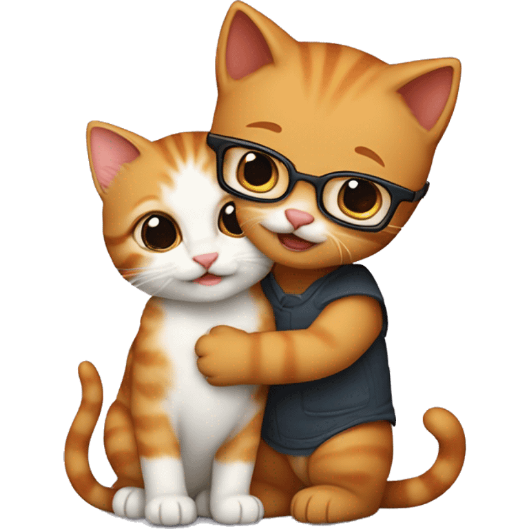 A ginger kitten (who is a girl) giving a hug to a kitten with brown fur(who is a man), only the brown kitten has glasses on emoji