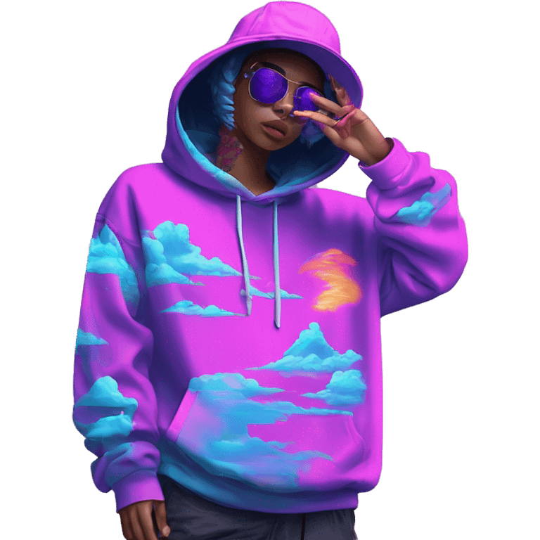 Multicoloured neon Vaporwave person smoking wearing hoodie dancing hip hop bucket hat tropical Skater fashion aesthetic baggy clothes graphic t shirt 420 emoji