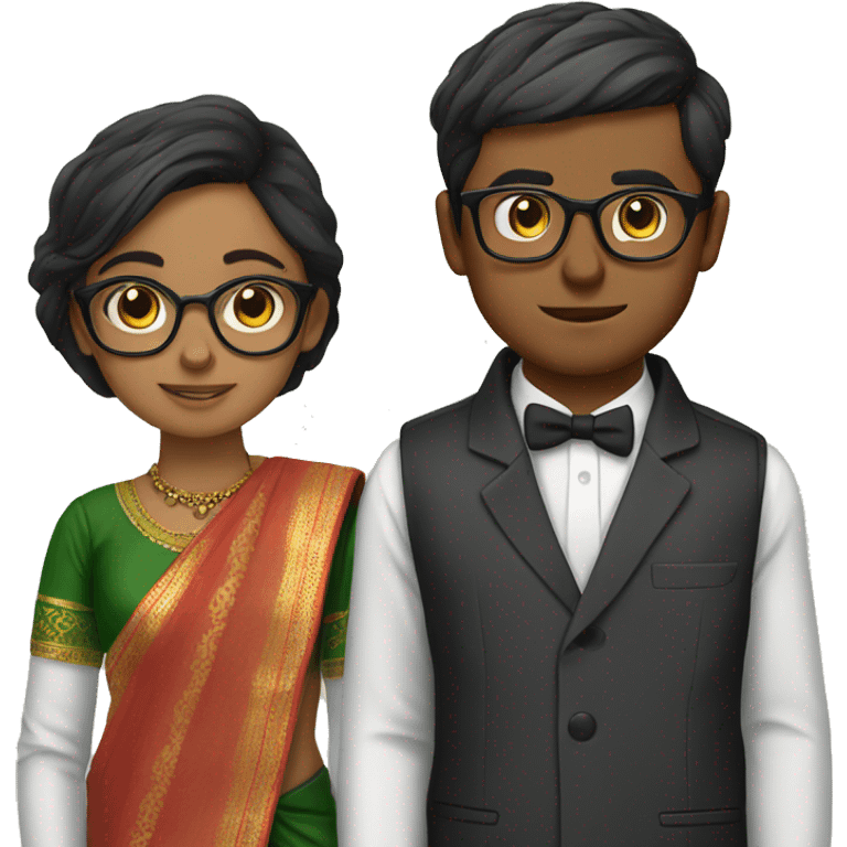 Girl with specs n saree and beside a boy with formal sirt emoji