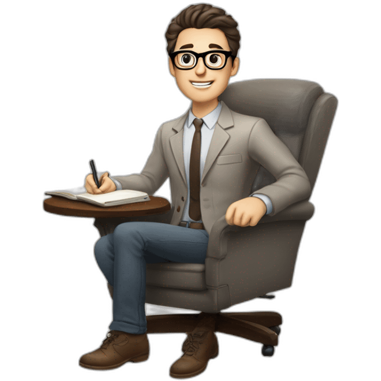 Pale skinned Fit Man With dark brown hair in gray jacket, beige office shirt and vintage glasses sitting In a soft chair with a notebook with emblem Ψ and a pen in his hands emoji