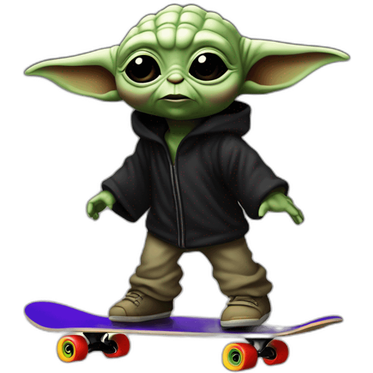 bebe yoda arc-en-ciel qui fait du skate en nageant dans une mer noir emoji