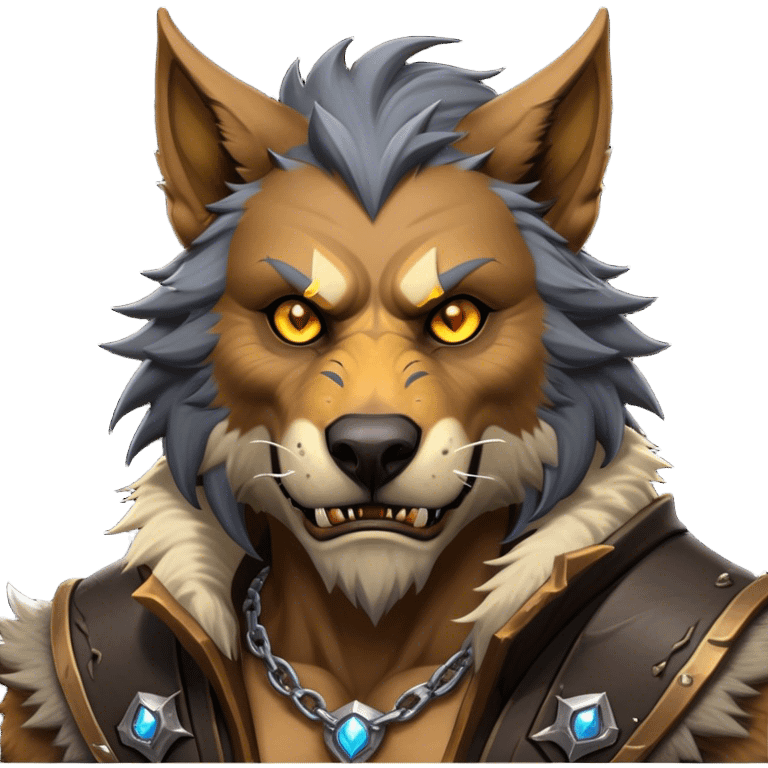 Cinematic Realistic WoW Worgen Portrait, head tilted epicly and inquisitively, showcasing the striking fusion of human intellect and beastly ferocity. His rugged fur and tanned skin, accented by piercing amber eyes and meticulously rendered worn leather garments, are bathed in dynamic lighting, high shine, epic and awe-inspiring, capturing the relentless spirit of a worgen at the apex of his power. emoji