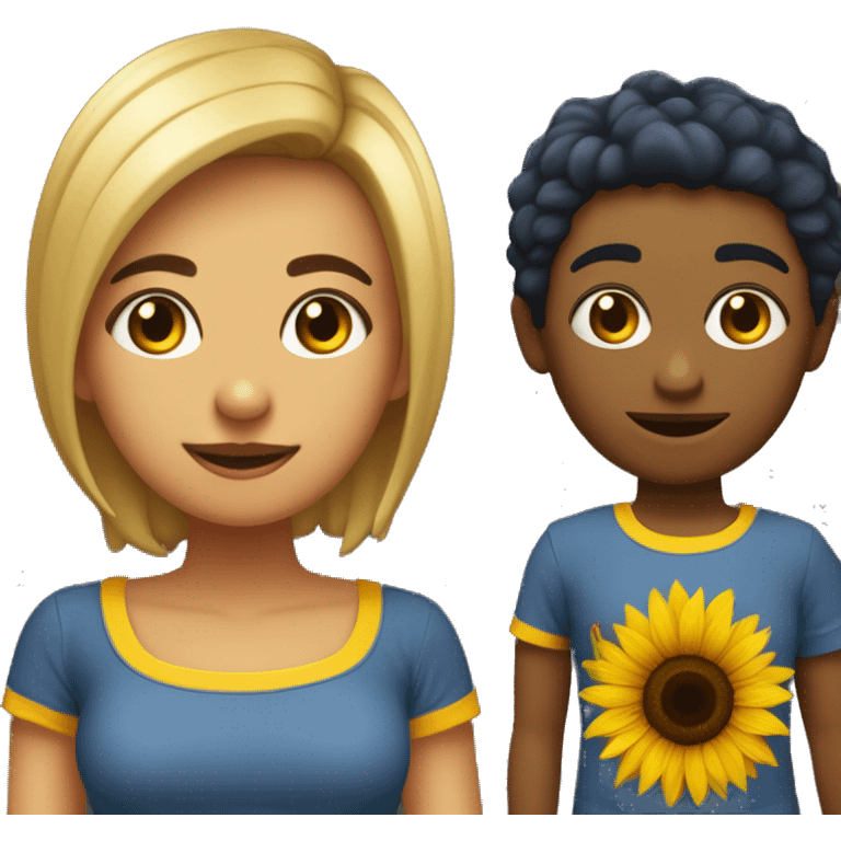 Chica e pelo castaño corto, de ojos marrones con piel poco morena y camiseta azul oscura de girasoles  emoji