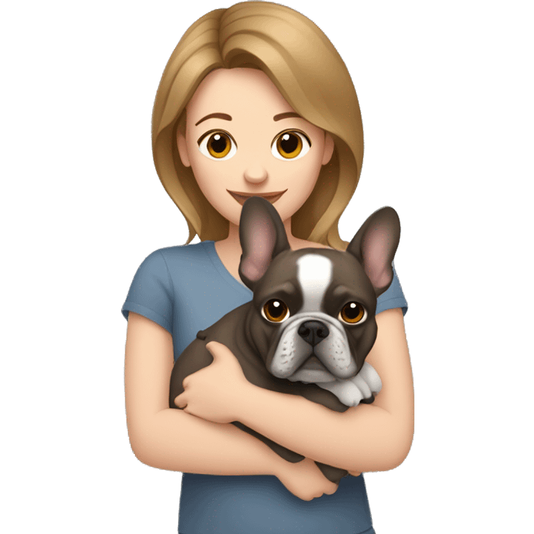 light brown hair woman hugging a dark gray french bulldog emoji