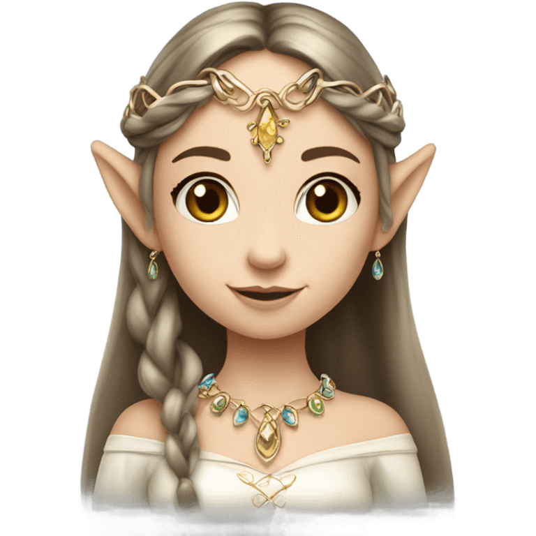 elf princess with pointy ears, white skin, brunette hair with jewellery,  emoji