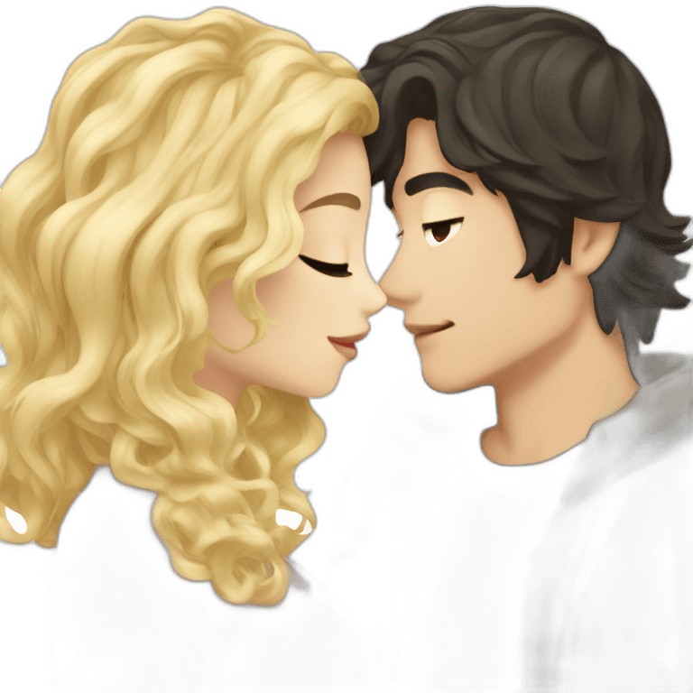 blonde wavy hair girl and japanese boyfriend with dark hair kissing emoji