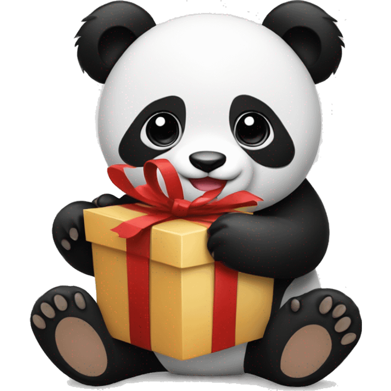 Black and white panda holds a gift emoji