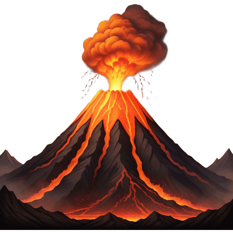 Cinematic Realistic Volcano Emoji, Powerful and awe-inspiring, with molten lava flowing from its jagged, smoking peak, casting an orange glow in the surrounding darkness. The landscape around it is barren and rocky, with clouds of ash rising into the sky. Soft glowing outline, capturing the essence of raw power and fiery energy in a towering volcano. emoji