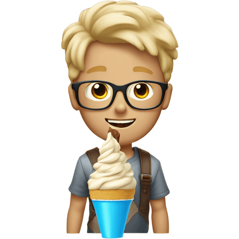 Blond boy with glasses eating chocolate soft serve ice cream where the ice cream is brown and there’s no cone and there are fly sprinkles  emoji